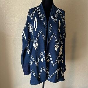 Womens Lucky Bliss dark navy & white embroidered boho Aztec cardigan size L